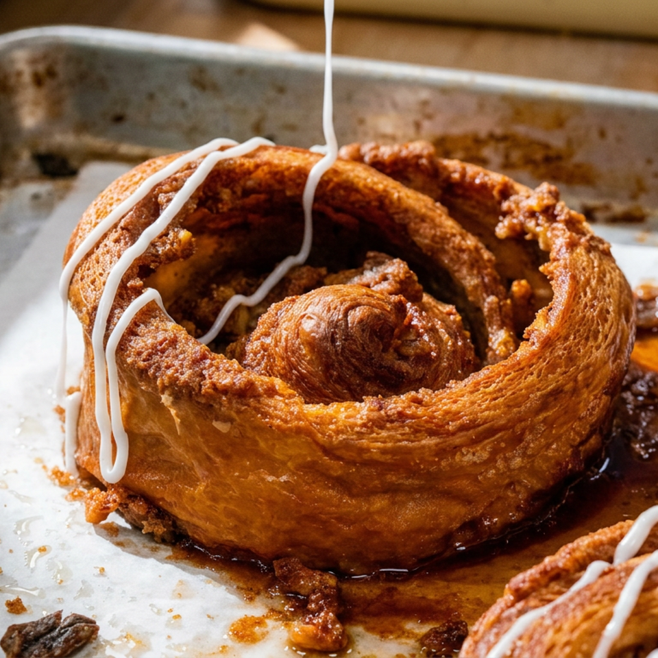 Golden pastries filled with cinnamon and nuts, drizzled with white icing on a baking tray.