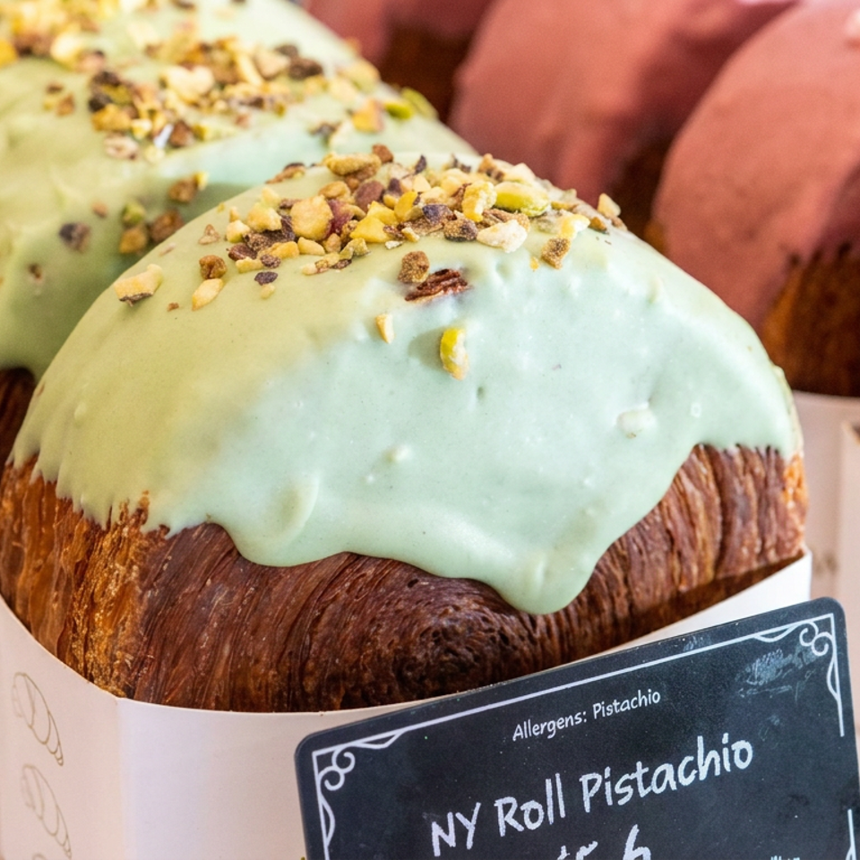 Pistachio-glazed pastries topped with chopped nuts, displayed in bakery boxes alongside pink-glazed pastries.