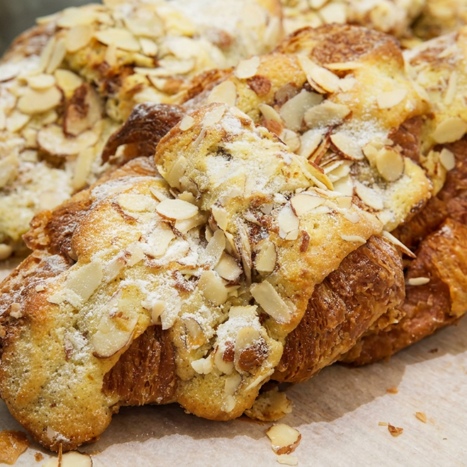 Close-up of almond croissants topped with sliced almonds and powdered sugar on a bakery tray.