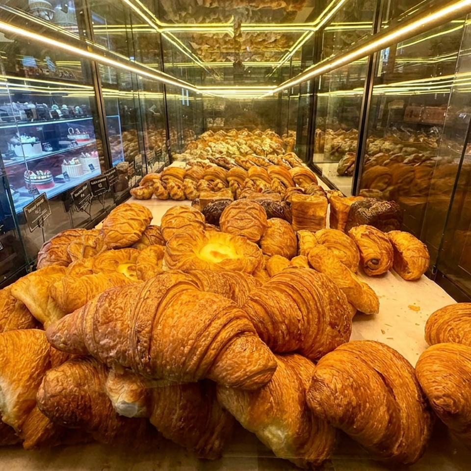 Glass pastry display case filled with golden croissants, pain au chocolat, and other baked goods under warm lighting.