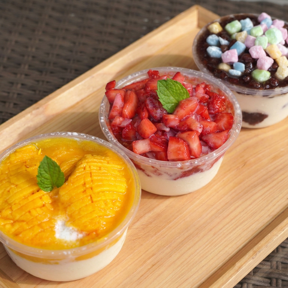 Three fruit-topped yogurt parfaits with mango, strawberries, and colorful marshmallows arranged on a wooden serving tray.
