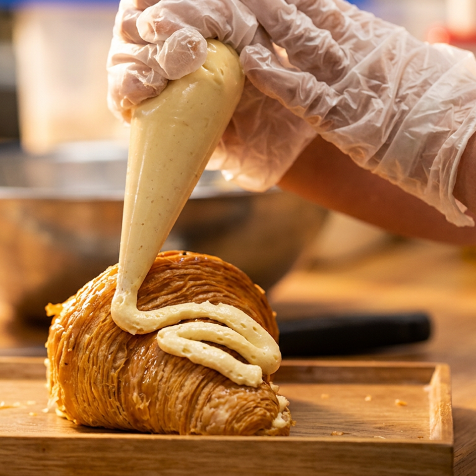 Gloved hands pipe creamy filling onto a golden croissant on a wooden board.