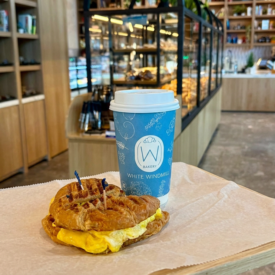 Egg and cheese croissant sandwich with a blue White Windmill Bakery coffee cup on a café table.