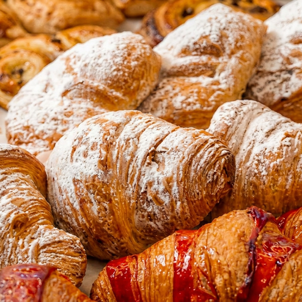 Freshly baked croissants with powdered sugar and red glaze, plus pain aux raisins.