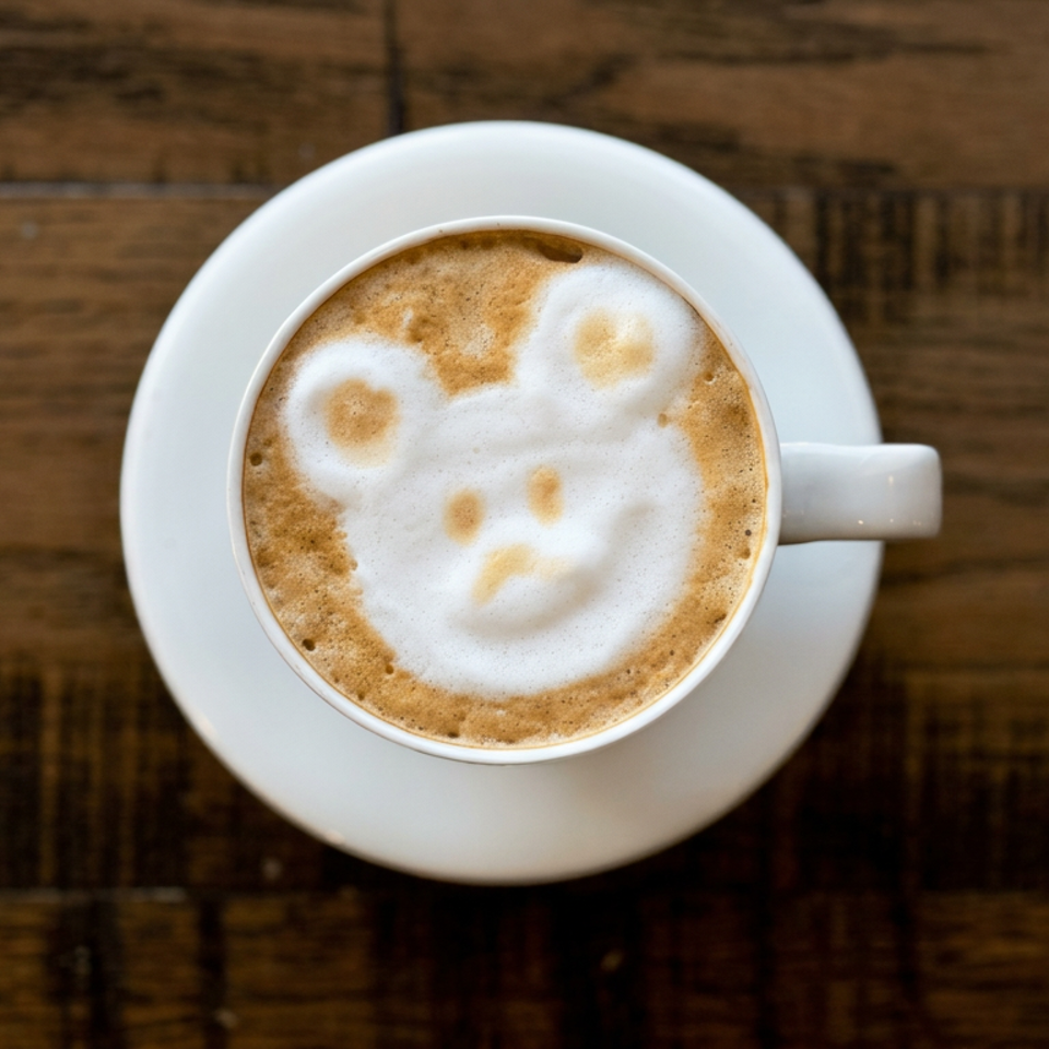 Top-down view of a foamy coffee cup featuring a bear face design on a white saucer atop a rustic wooden table.