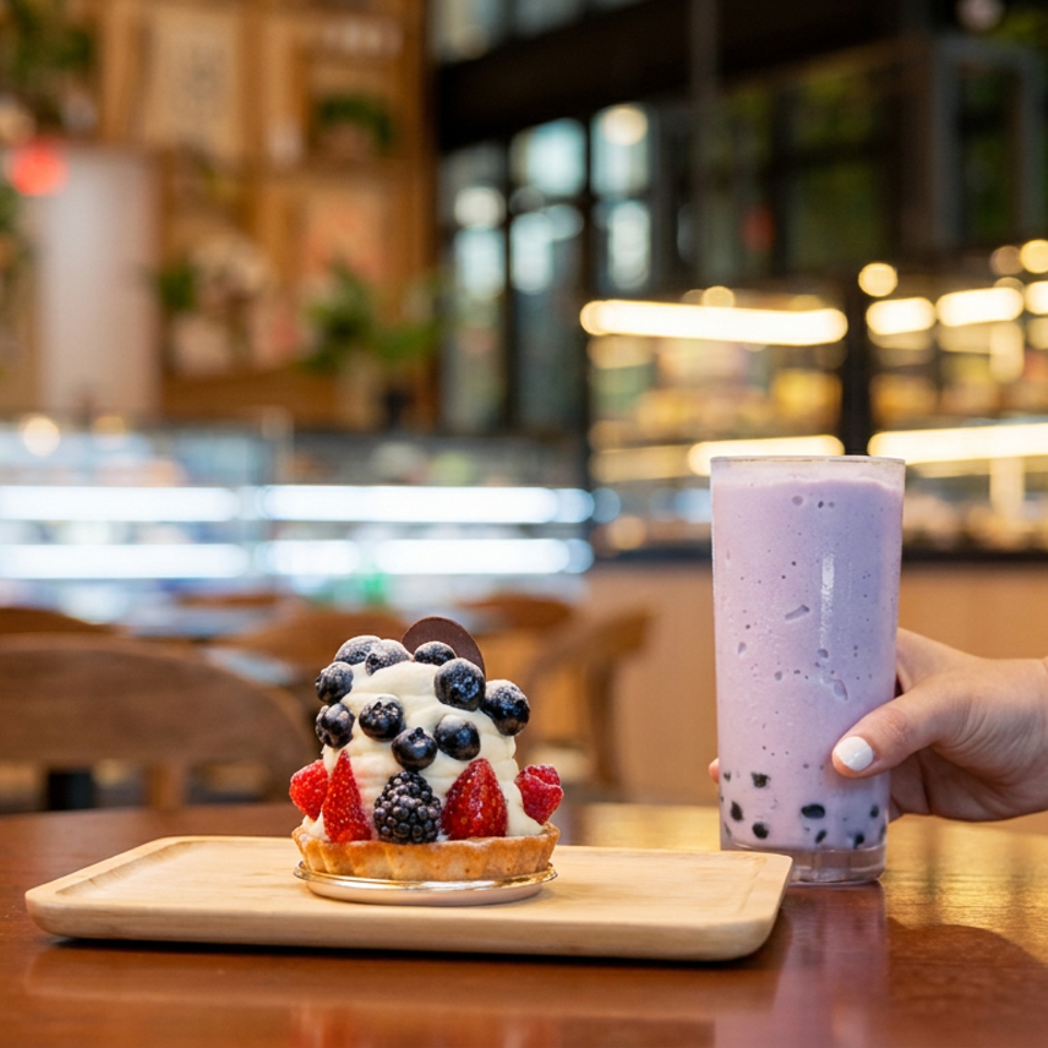 Fruit-topped waffle and lavender berry bubble tea served on a wooden tray in a warmly lit café.