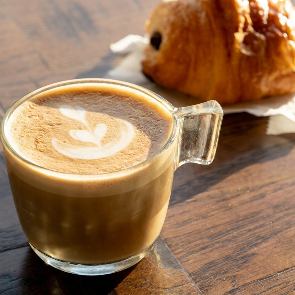 Glass cup of foamy coffee with latte art beside a golden pastry on a sunlit wooden table.