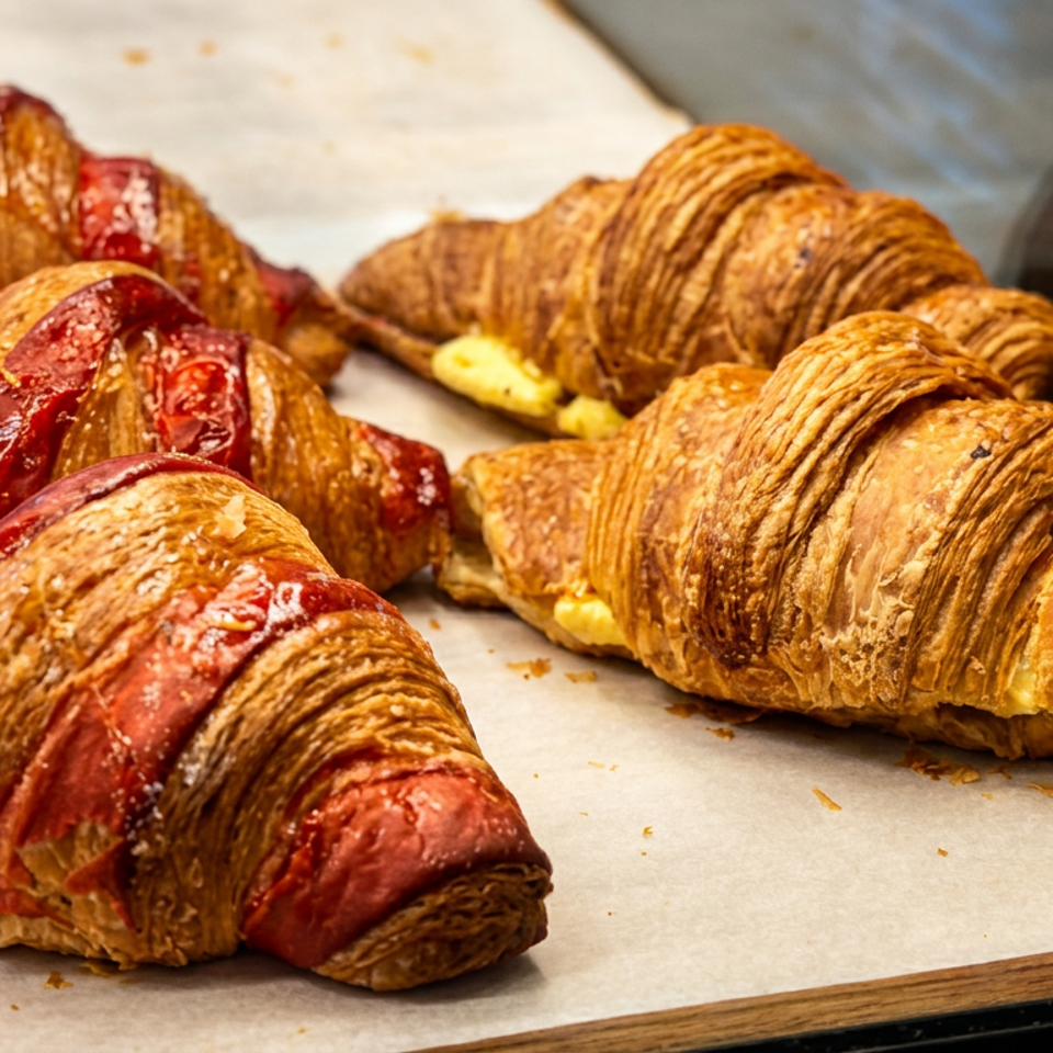 Freshly baked golden croissants, including red-glazed pastries, arranged on parchment in a bakery display.