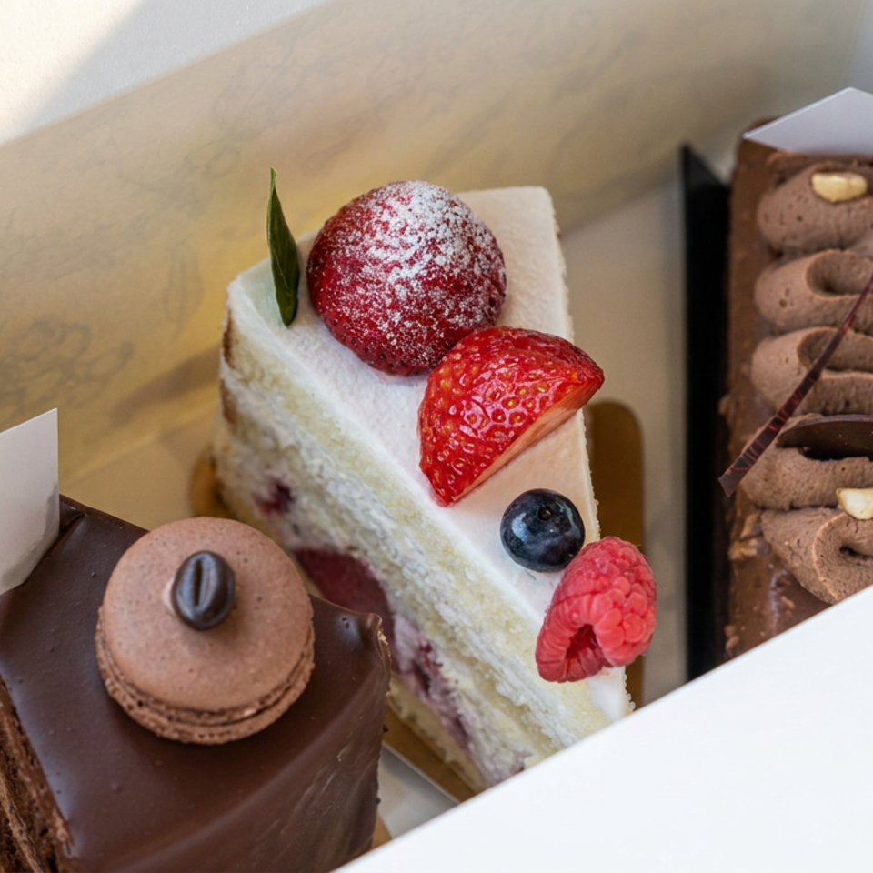 Assortment of elegant chocolate and berry cakes, macarons, and pastries arranged in a bakery display box.