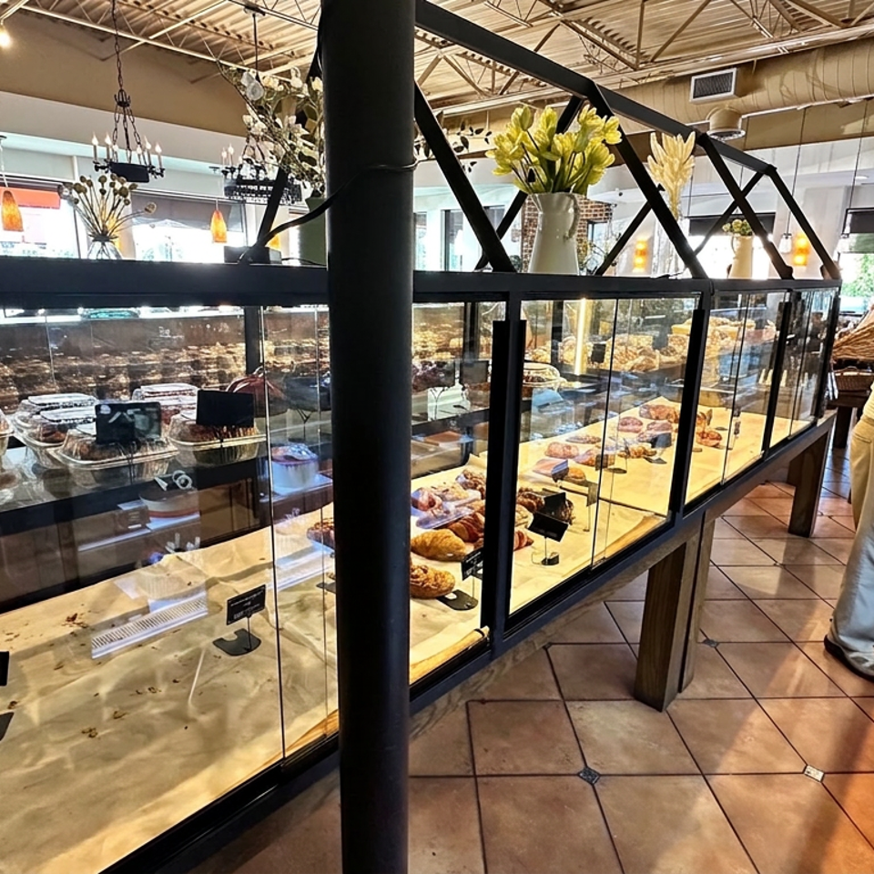 Bakery café interior with glass display cases of pastries, floral décor, and a customer browsing the counter.