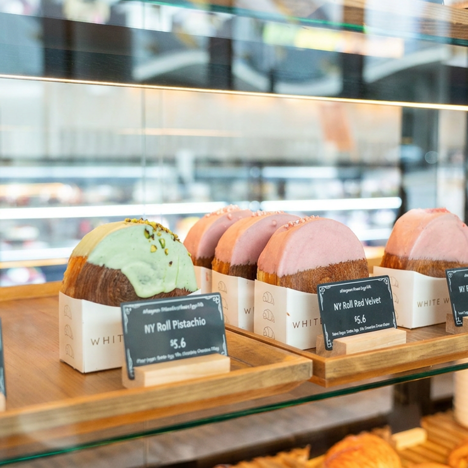 Colorful dome-shaped NY rolls, including pistachio and red velvet flavors, displayed in branded boxes on wooden bakery shelves.
