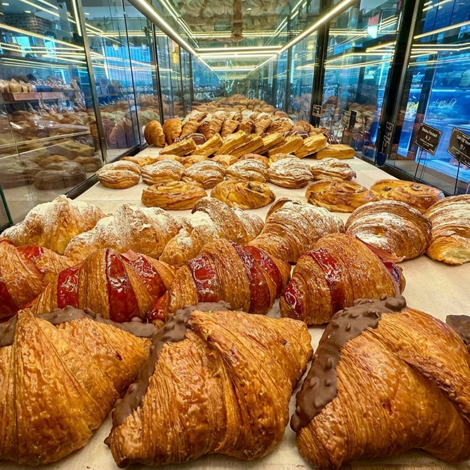 Display case filled with assorted golden pastries, including powdered and chocolate-topped croissants, surrounded by reflective glass.