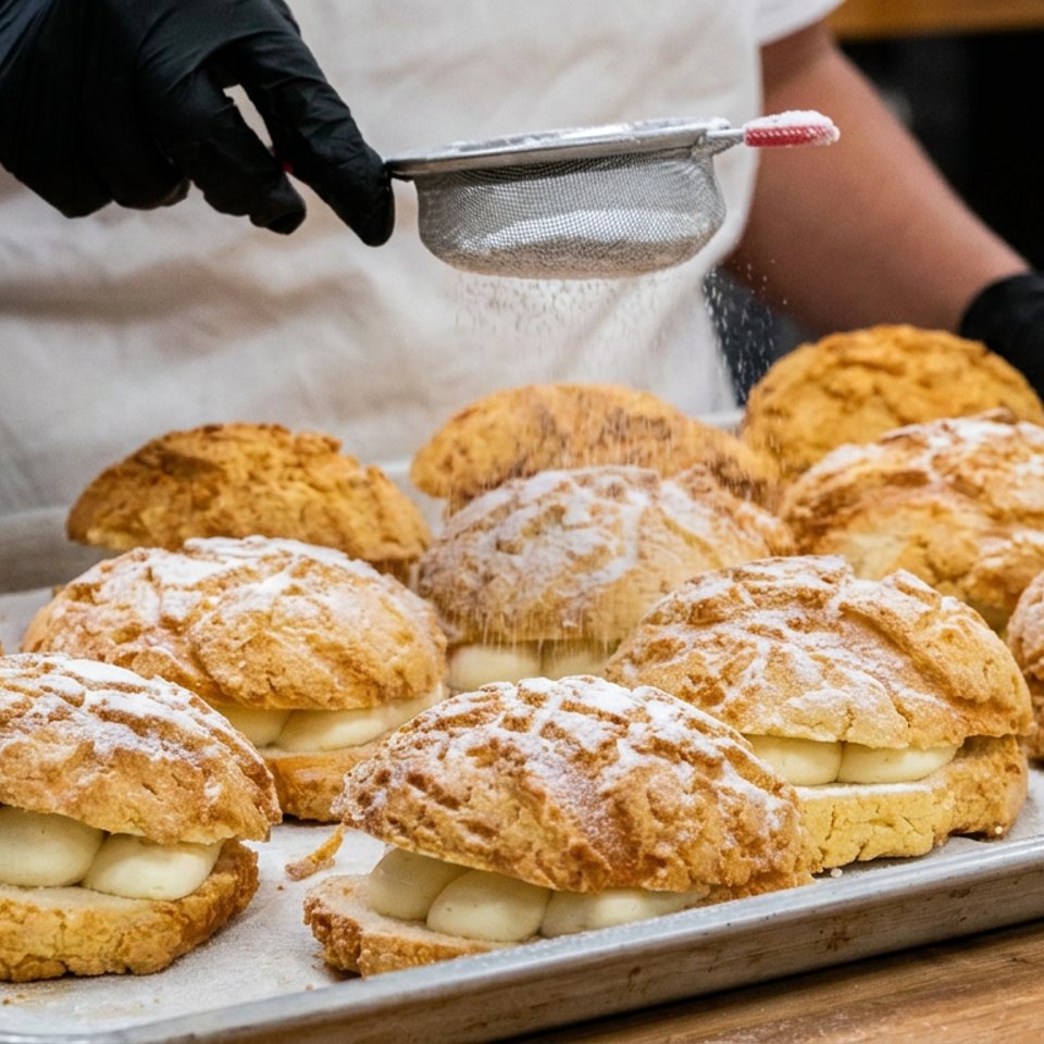 Baker dusts powdered sugar over cream-filled golden pastries arranged on a baking tray.