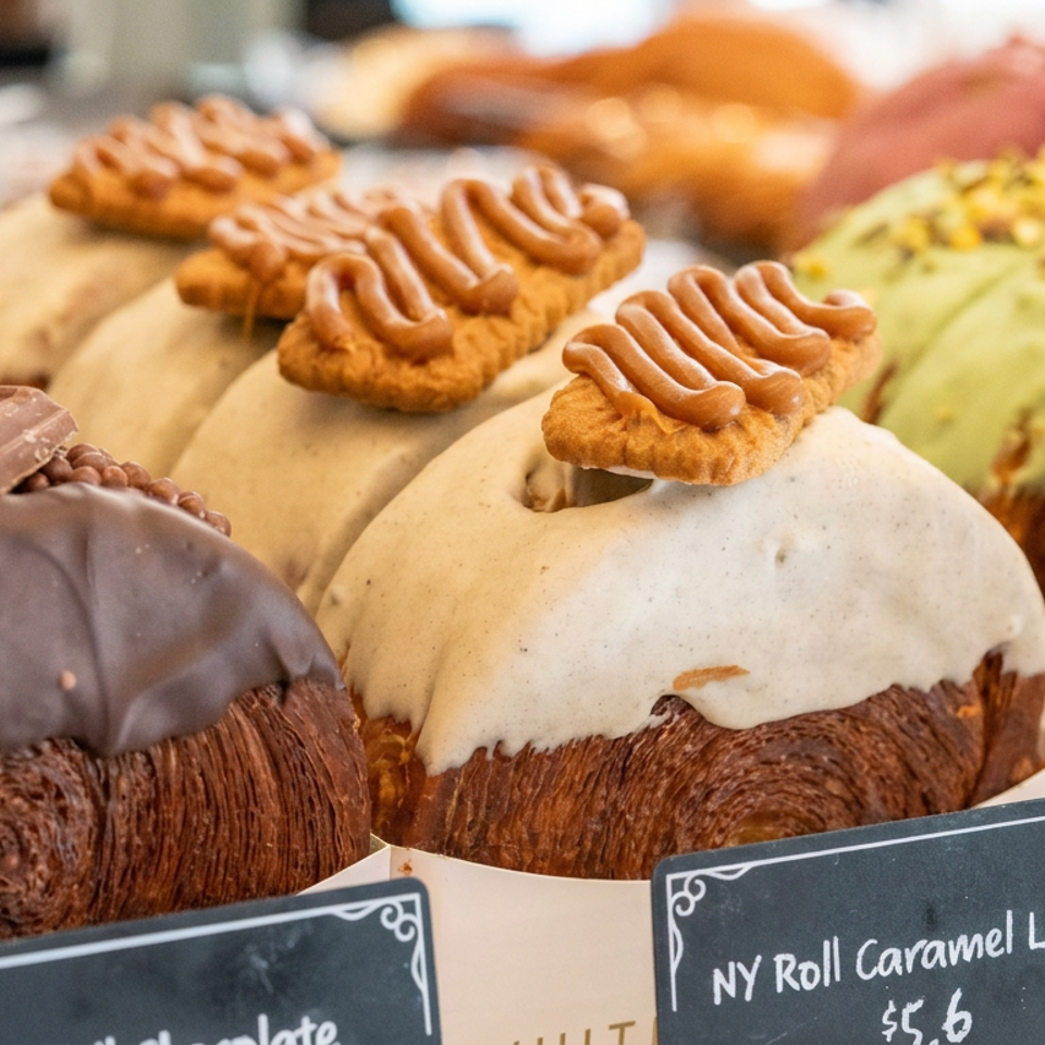 Assorted chocolate- and pistachio-topped laminated pastries displayed in bakery boxes with handwritten flavor labels.
