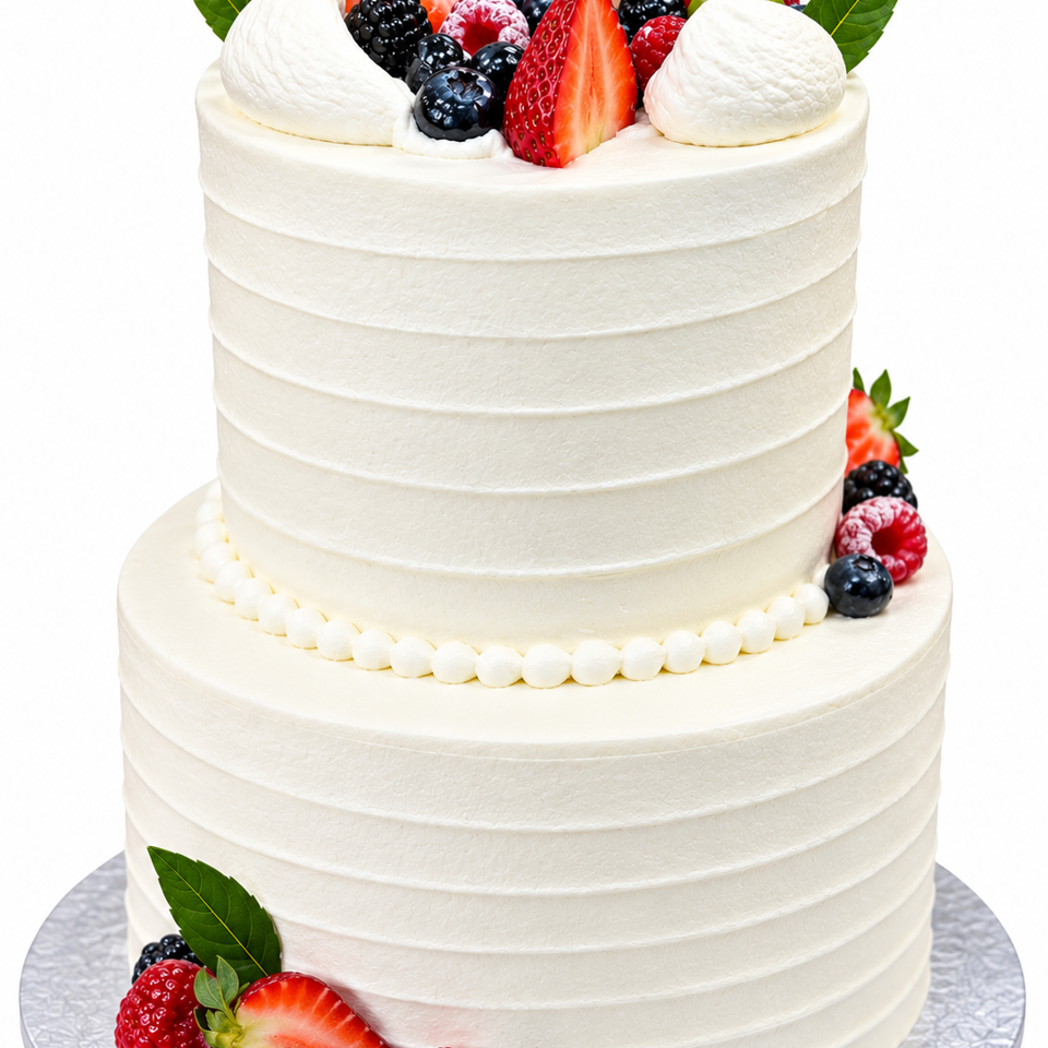 Tall two-tier white-frosted cake decorated with strawberries, blueberries, blackberries, raspberries, and green leaves.