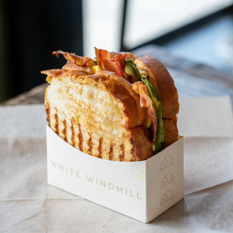 Grilled breakfast sandwich with bacon, egg, and greens served in a White Windmill box on a wooden table.