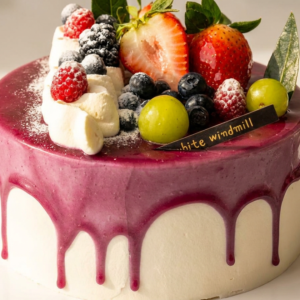 Round white cake with pink berry glaze, whipped cream, strawberries, blueberries, raspberries, and grapes, topped with a Bite Windmill chocolate plaque.