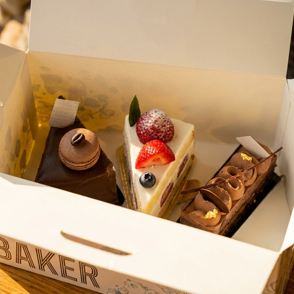 Open bakery box containing three decorated cake slices topped with chocolate, berries, macarons, and nuts.