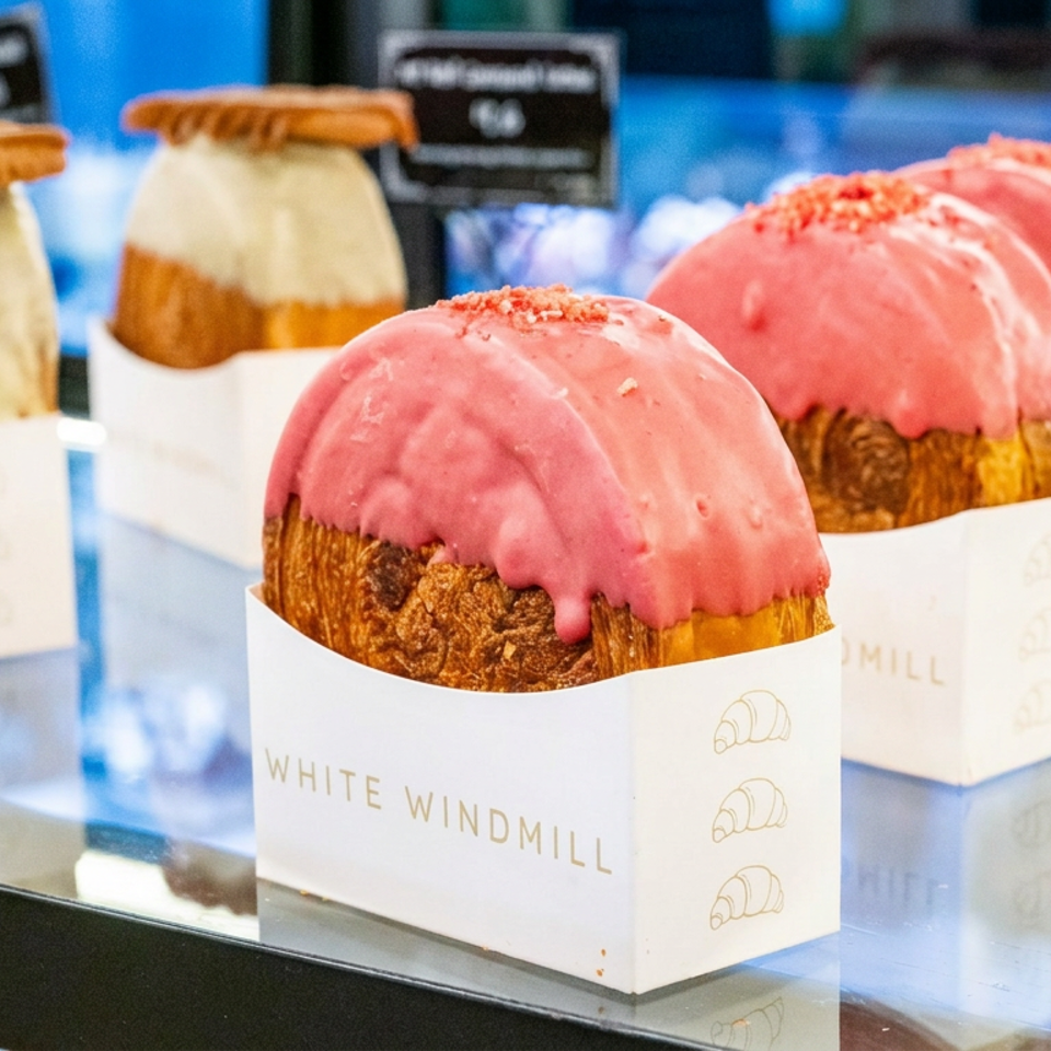 Three packaged brioche pastries with pink and white icing displayed in a bakery case, branded White Windmill.