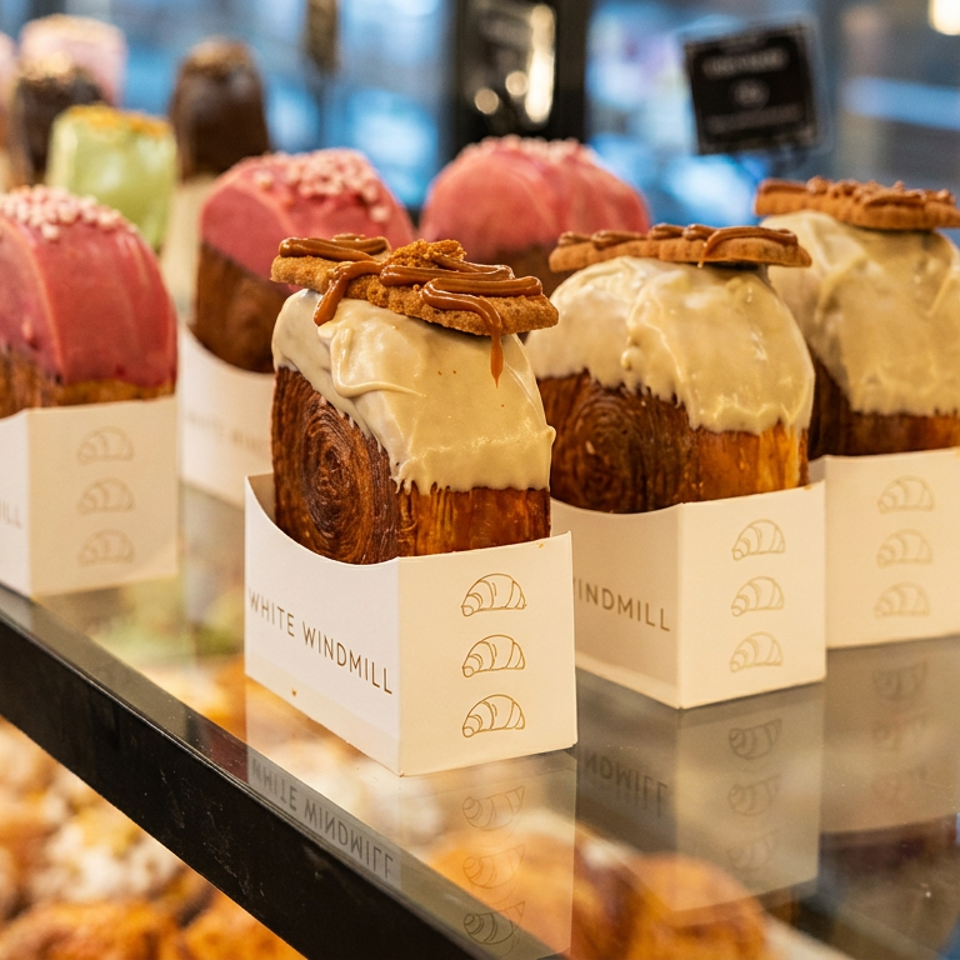 Circular croissants with colorful frosting and cookie toppings displayed in a White Windmill bakery case.